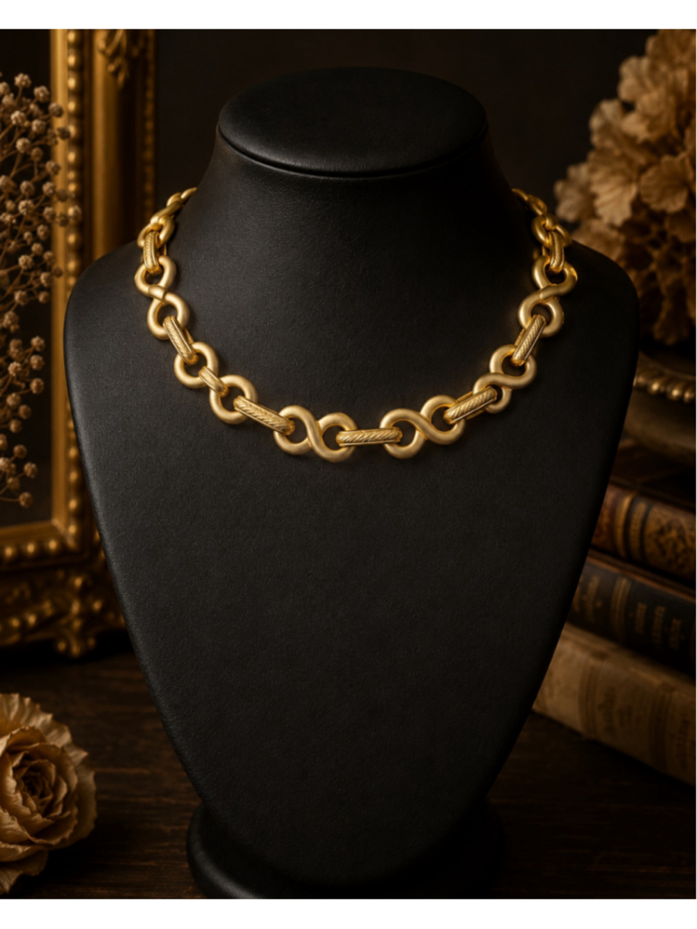 Vintage 1980s NOS Matte Gold Tone Chunky Link Necklace Satin Finish Statement